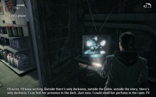 Alan Wake - Gameplay - A television screen showing Alan himself at the gas station