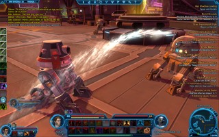 Star Wars: The Old Republic - Level 20 Gunslinger gameplay on Nar Shaddaa. The Promenade. Water spraying droids