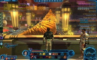 Star Wars: The Old Republic - Level 20 Gunslinger gameplay on Nar Shaddaa. Upper Promenade. A huge golden statue of a Hutt with a strange hat